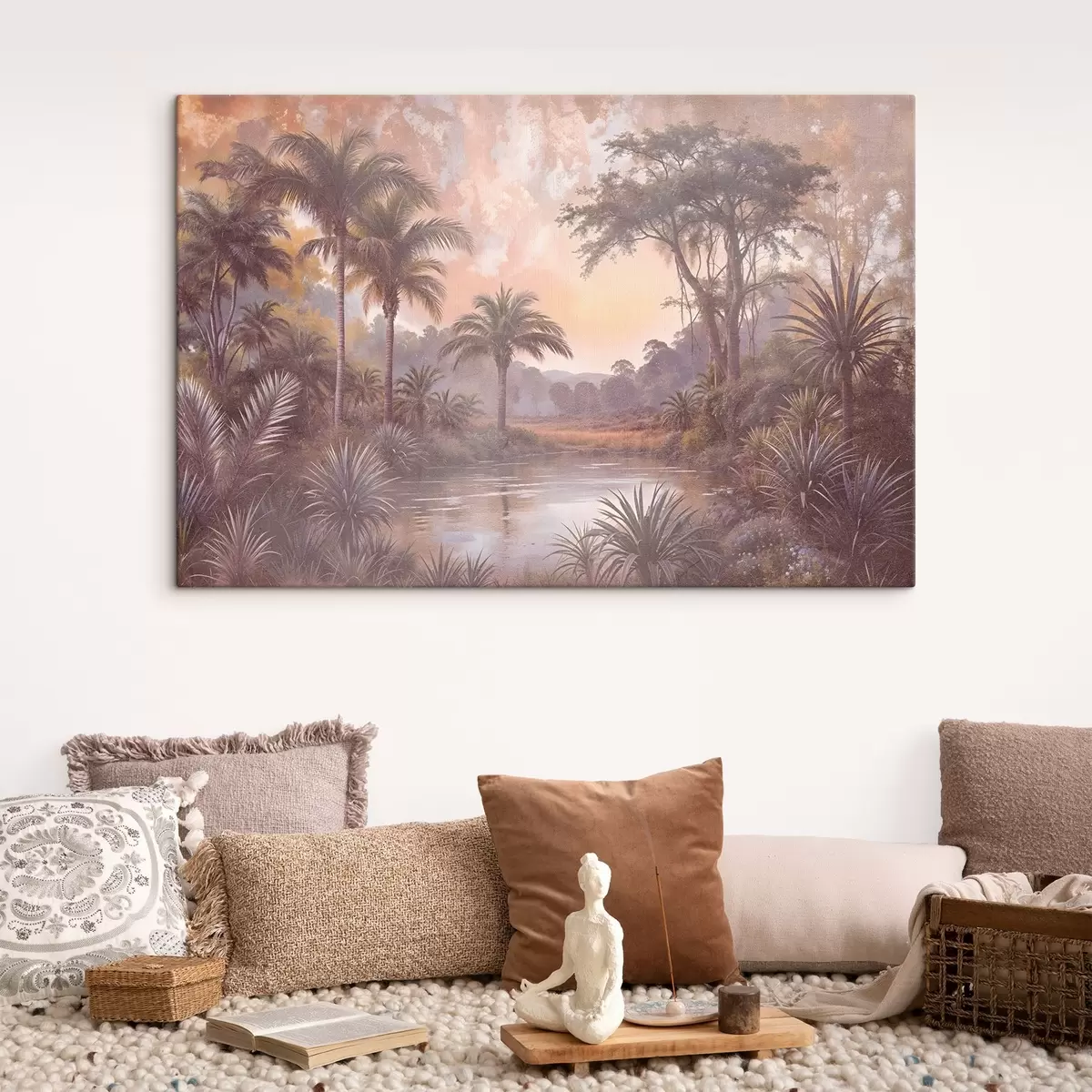 Pilt Troopilise tekstuuriga maastik, kus on rahulik järv, mida ümbritsevad lopsakad palmid ja muud lehestikud s42219