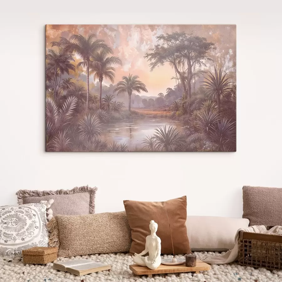 Pilt Troopilise tekstuuriga maastik, kus on rahulik järv, mida ümbritsevad lopsakad palmid ja muud lehestikud s42219