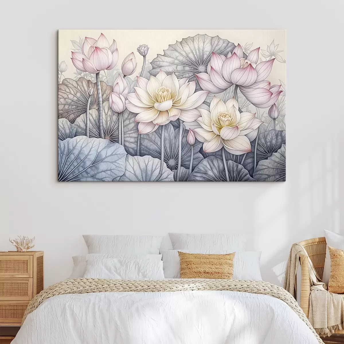 Pilt Suured roosa ja valged lootoslilled roheliste lehtede ja varrega heledal taustal, üksikasjalike kroonlehtede ja keskosaga s42221