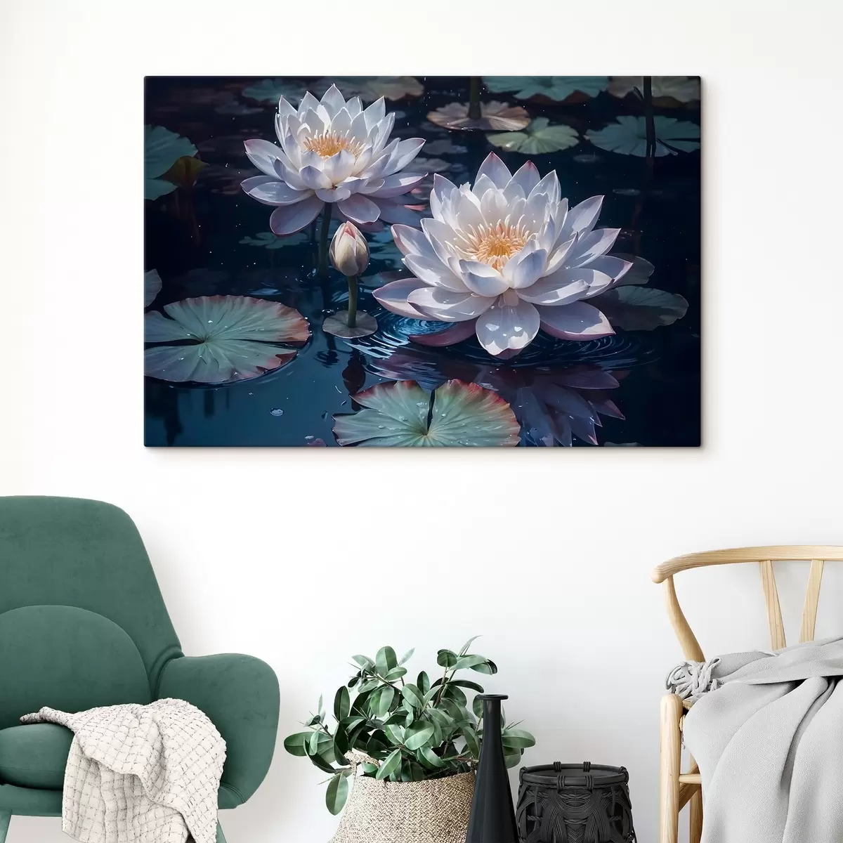 Pilt Valged lootoslilled hõljuvad rahulikul tiigil koos lillelilledega s42225