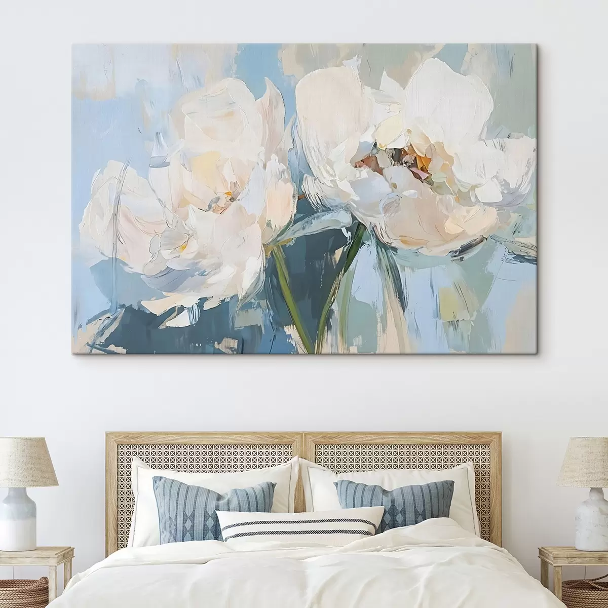 Pilt Valge minimalistlik abstraktsed ploomid õlimaal imitatsioon pehmel sinisel taustal s42226