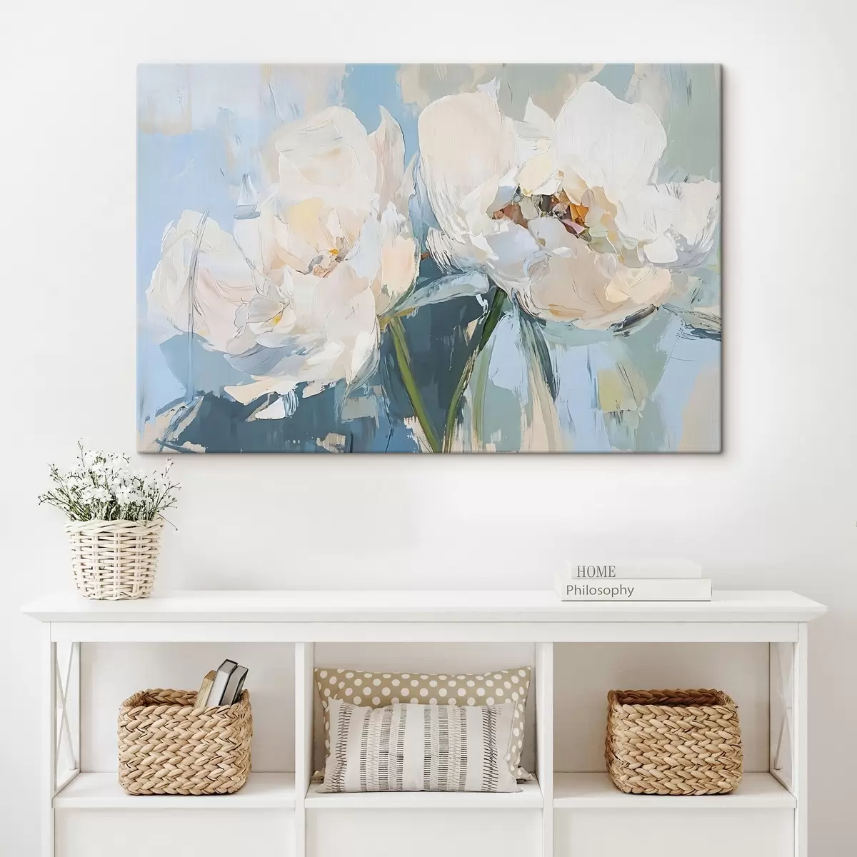 Pilt Valge minimalistlik abstraktsed ploomid õlimaal imitatsioon pehmel sinisel taustal s42226