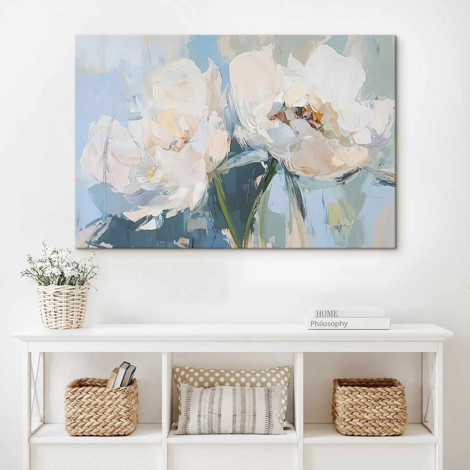 Pilt Valge minimalistlik abstraktsed ploomid õlimaal imitatsioon pehmel sinisel taustal s42226