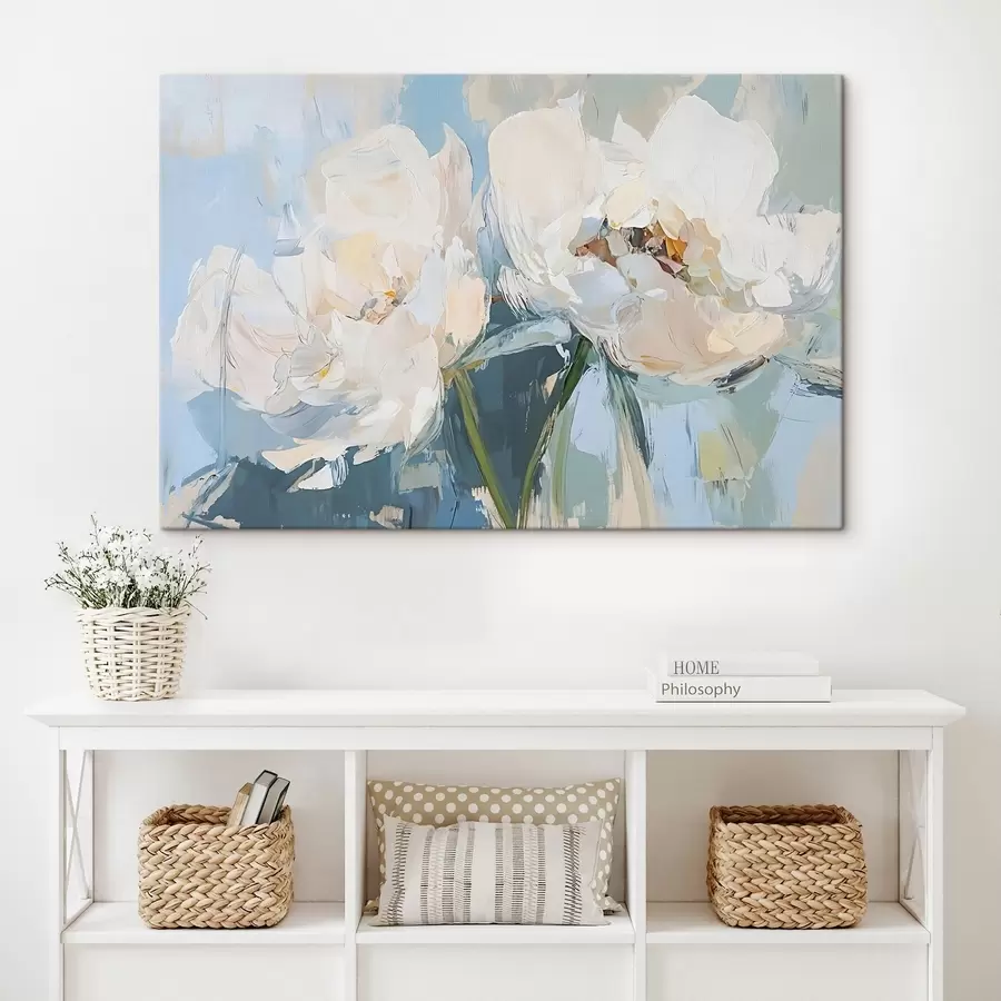 Pilt Valge minimalistlik abstraktsed ploomid õlimaal imitatsioon pehmel sinisel taustal s42226