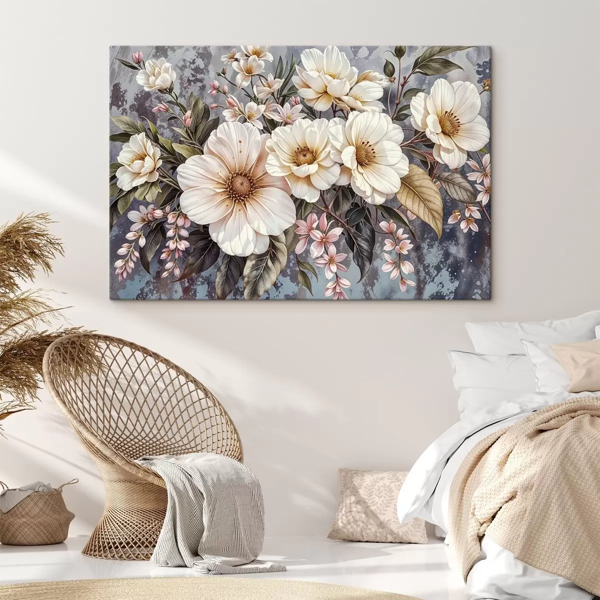 Pilt Elavat värvi kimp suurte üksikasjalike valgete ja roosade daaliaõitega roheliste lehtedega tumedal taustal s42227