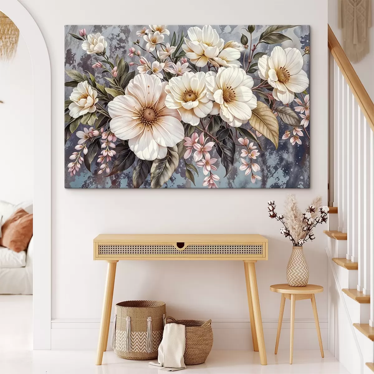 Pilt Elavat värvi kimp suurte üksikasjalike valgete ja roosade daaliaõitega roheliste lehtedega tumedal taustal s42227