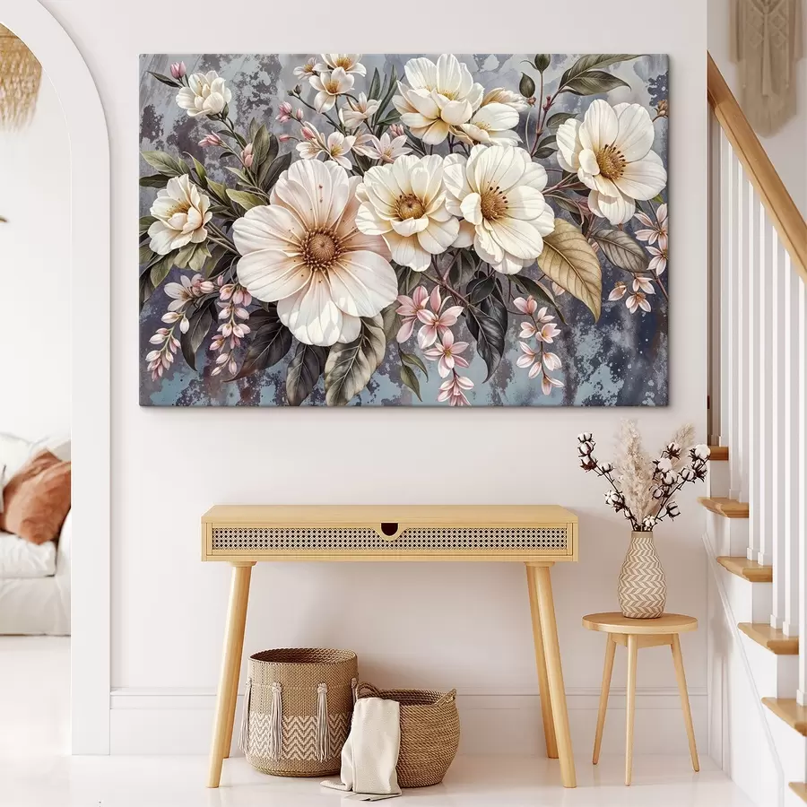 Pilt Elavat värvi kimp suurte üksikasjalike valgete ja roosade daaliaõitega roheliste lehtedega tumedal taustal s42227