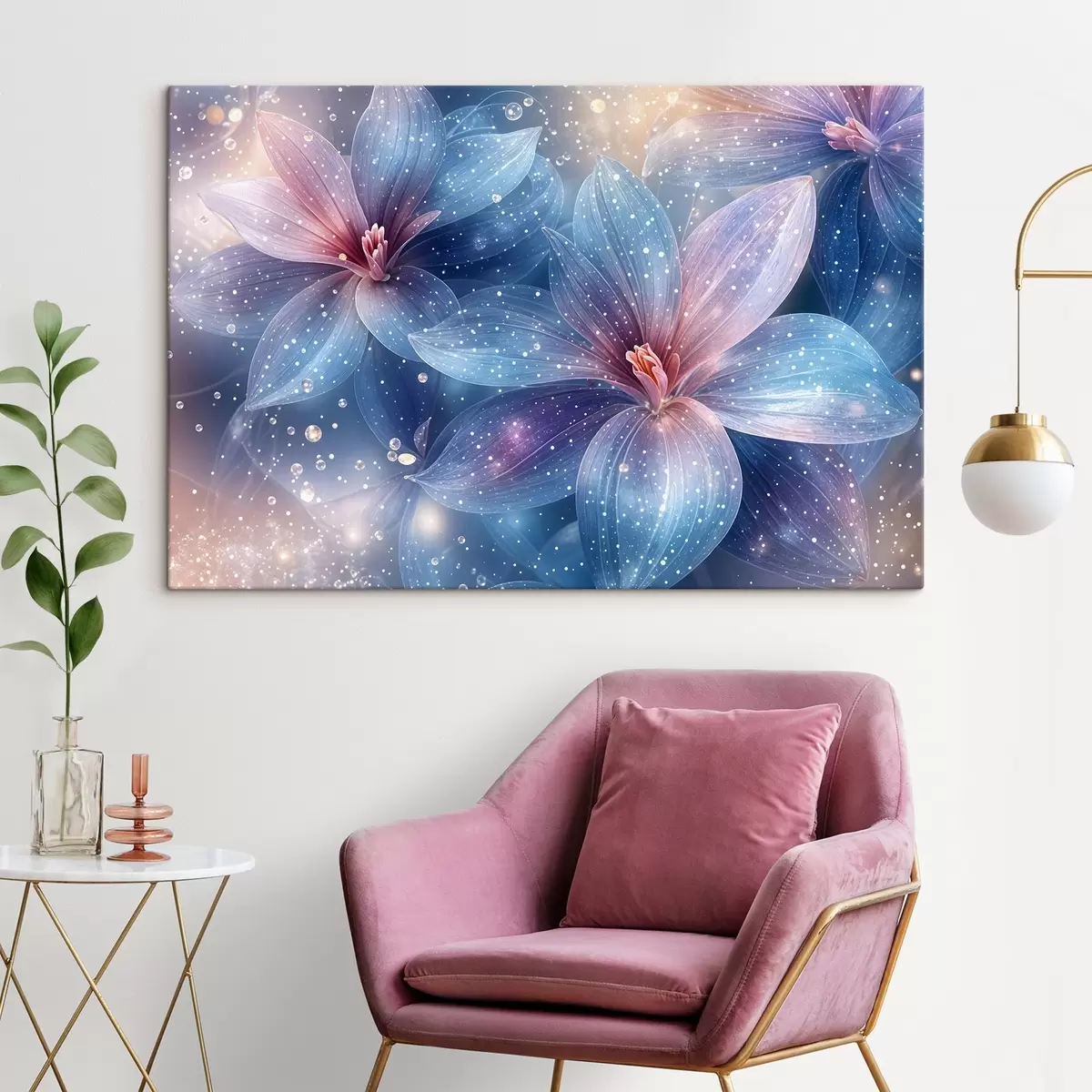 Pilt Elavat ja eeterlikku lillede pehmete pastelsete kroonlehtedega unenäolisel, tähelisel taustal s42231