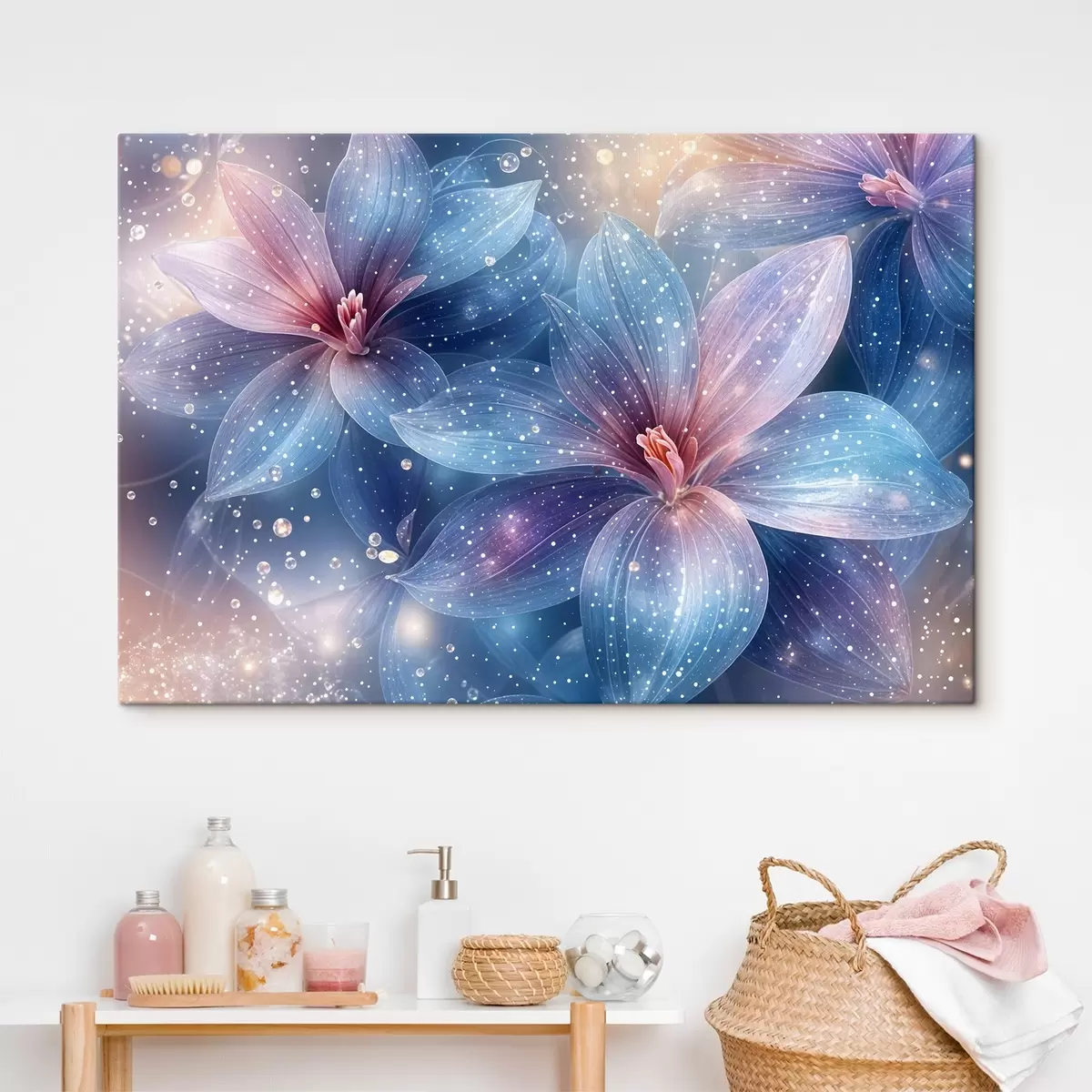 Pilt Elavat ja eeterlikku lillede pehmete pastelsete kroonlehtedega unenäolisel, tähelisel taustal s42231