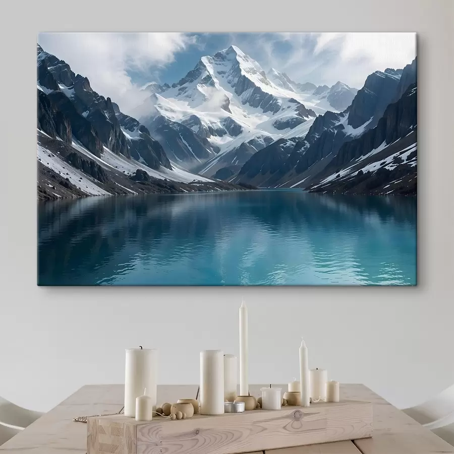 Pilt Lumekattega mäetipus, mis peegeldub rahulikus türkiissinises järves, mida ümbritsevad kaljune maastik ja dramaatilised pilved s42232