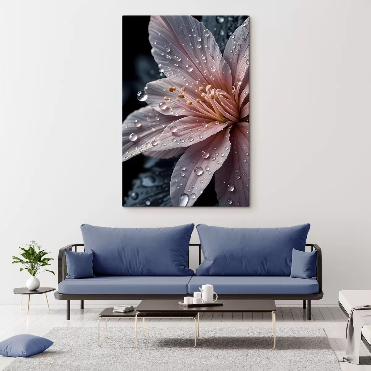 Pilt Lähivõtte roosast lillest, mille õrnad kroonlehed on kaetud veepiiskadega, tumedal taustal  s42237