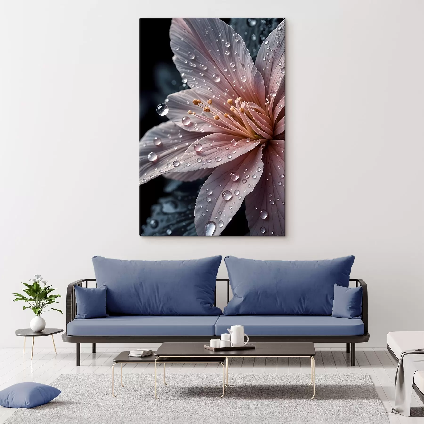 Fototapeedid Lähivõtte roosast lillest, mille õrnad kroonlehed on kaetud veepiiskadega, tumedal taustal  s42237