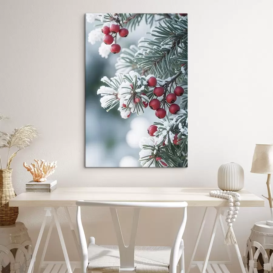 Pilt Lumine männi oksa punaste marjadega , talvine stseen s42238