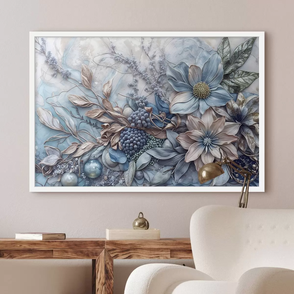 Plakat Detailne tekstuurne abstraktne lopsakas lilleline kujundus suurte, elava siniste ja roosade lillede, marjade ja muude botaaniliste elementidega f42210