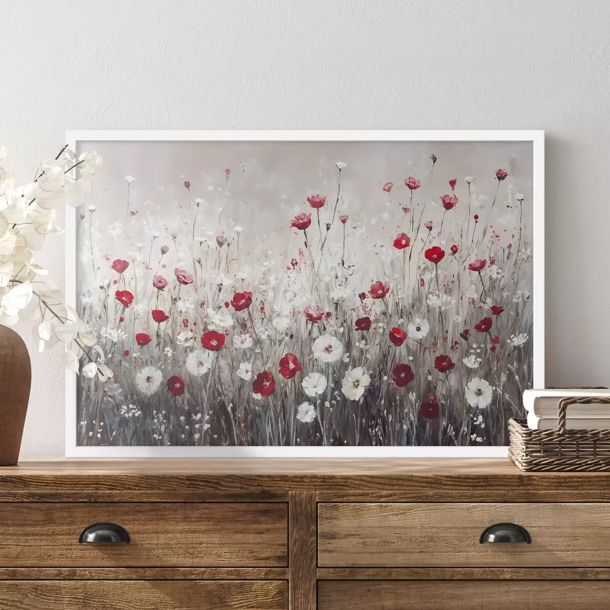 Plakat Abstraktne imitatsioon õlimaalide punaste ja valgete moonide ja päevakeste lillede väljale halli tekstuuritaustaga taustal f42213