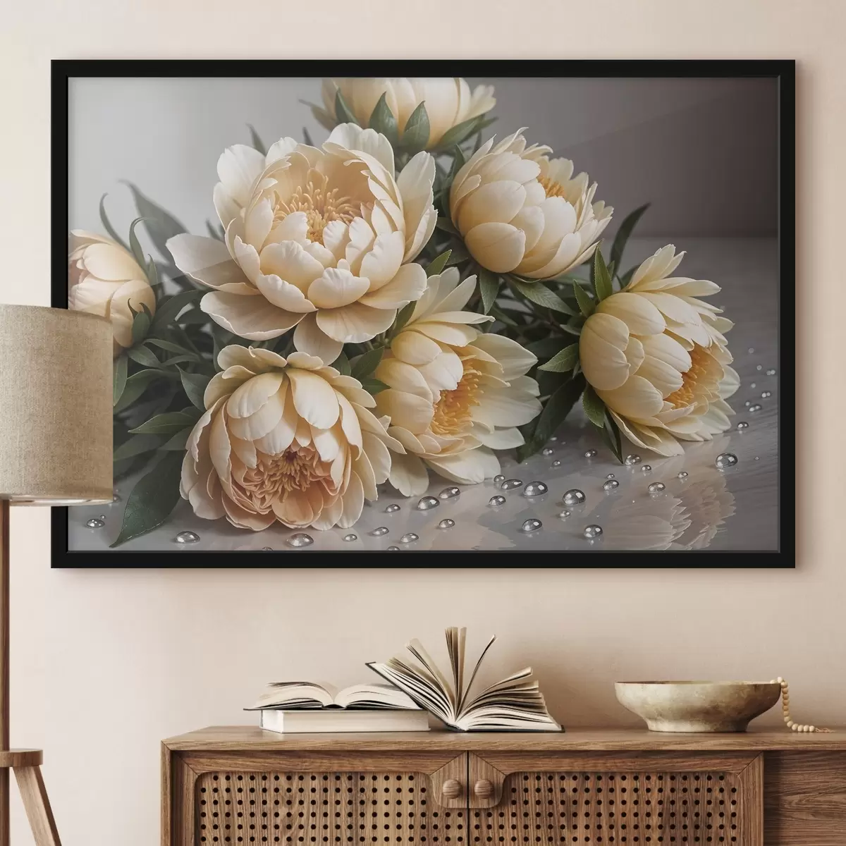 Plakat Kreemjas üksikasjalikud pojengililled koos tumeroheliste lehtedega halli taustaga f42215