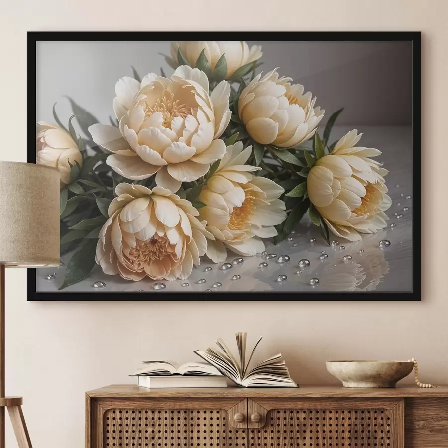 Fototapeedid Kreemjas üksikasjalikud pojengililled koos tumeroheliste lehtedega halli taustaga f42215