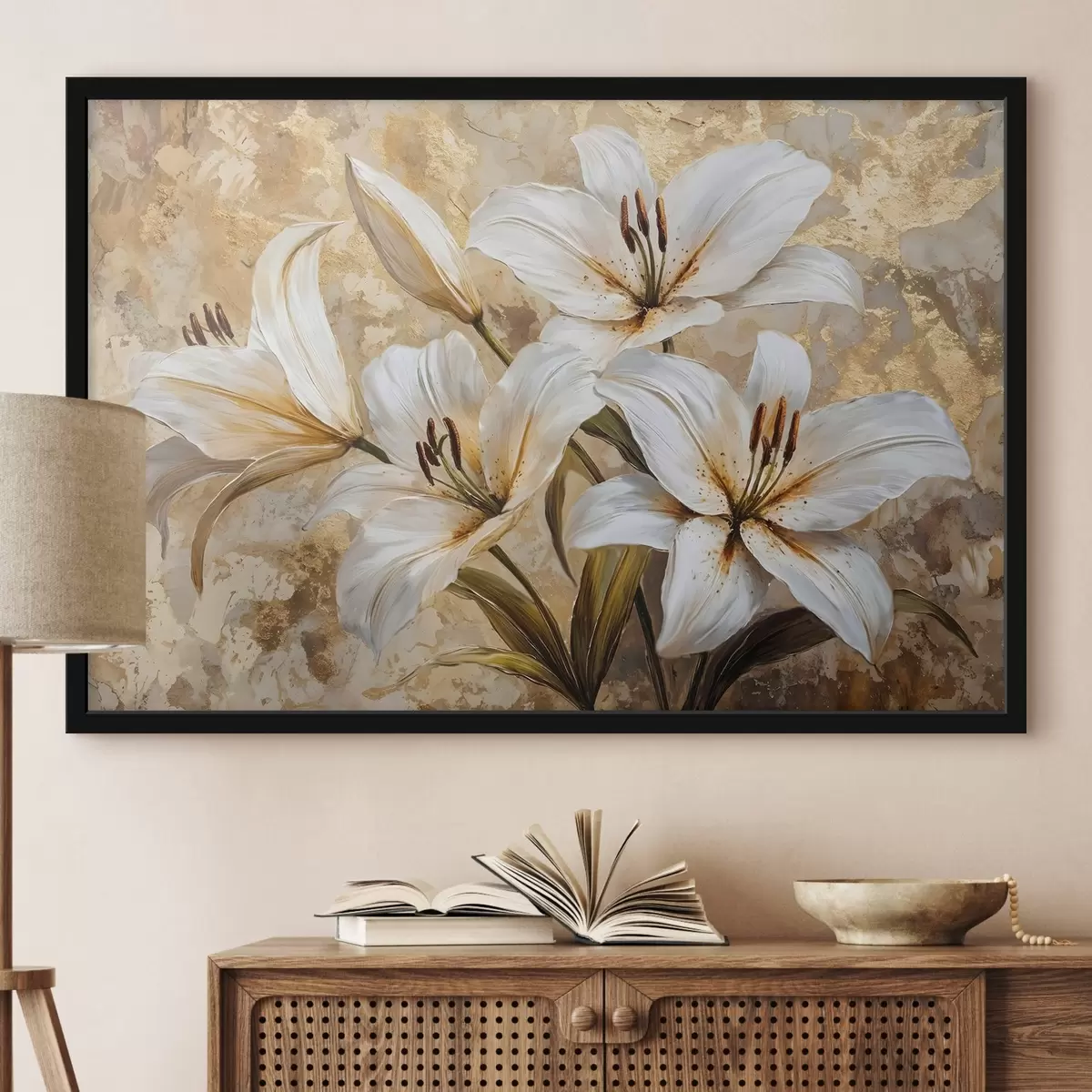 Plakat Kollase keskusega valged lilled beežil taustal f42216