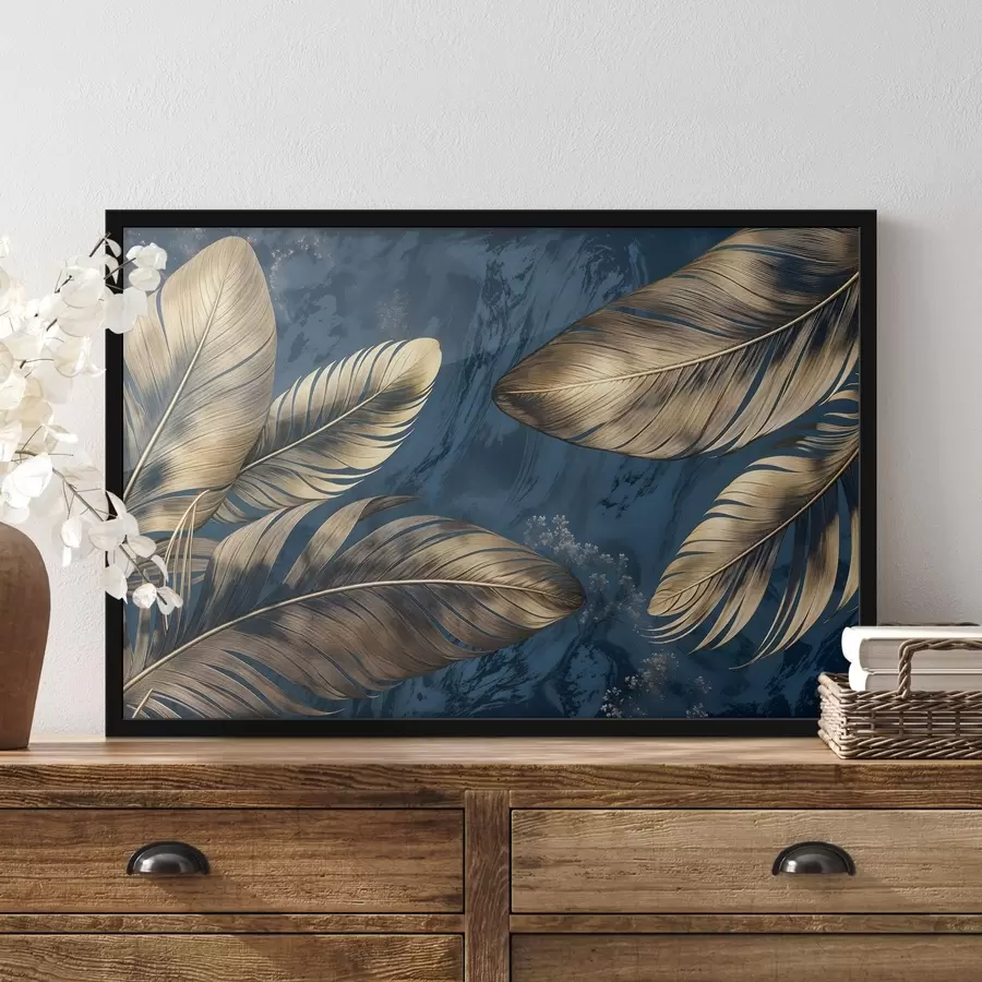 Fototapeedid Kollased ja beežid abstraktsed dekoratiivsed suled, mis hõljuvad tumesinisel tekstuurilisel taustal f42218