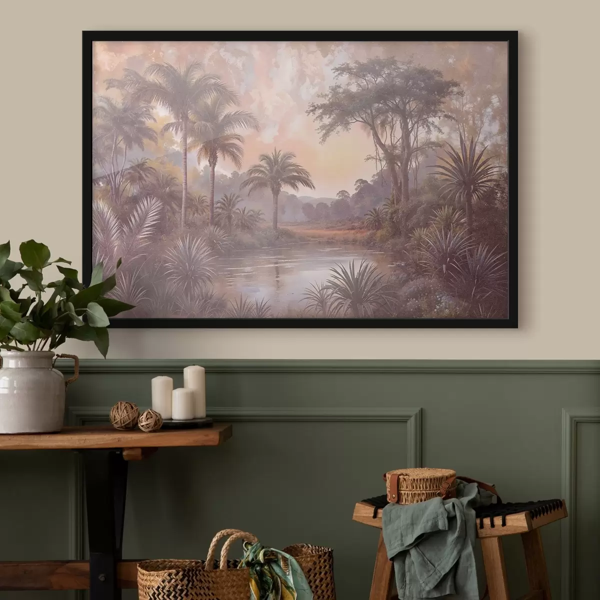 Plakat Troopilise tekstuuriga maastik, kus on rahulik järv, mida ümbritsevad lopsakad palmid ja muud lehestikud f42219