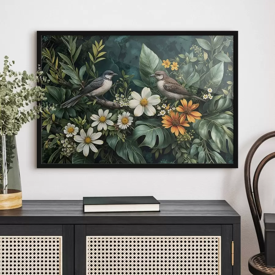 Fototapeedid Väikesed linnud istuvad okstel, mida ümbritsevad lopsakad troopilised lehed, sealhulgas suured rohelised lehed ja värvilised lilled f42220