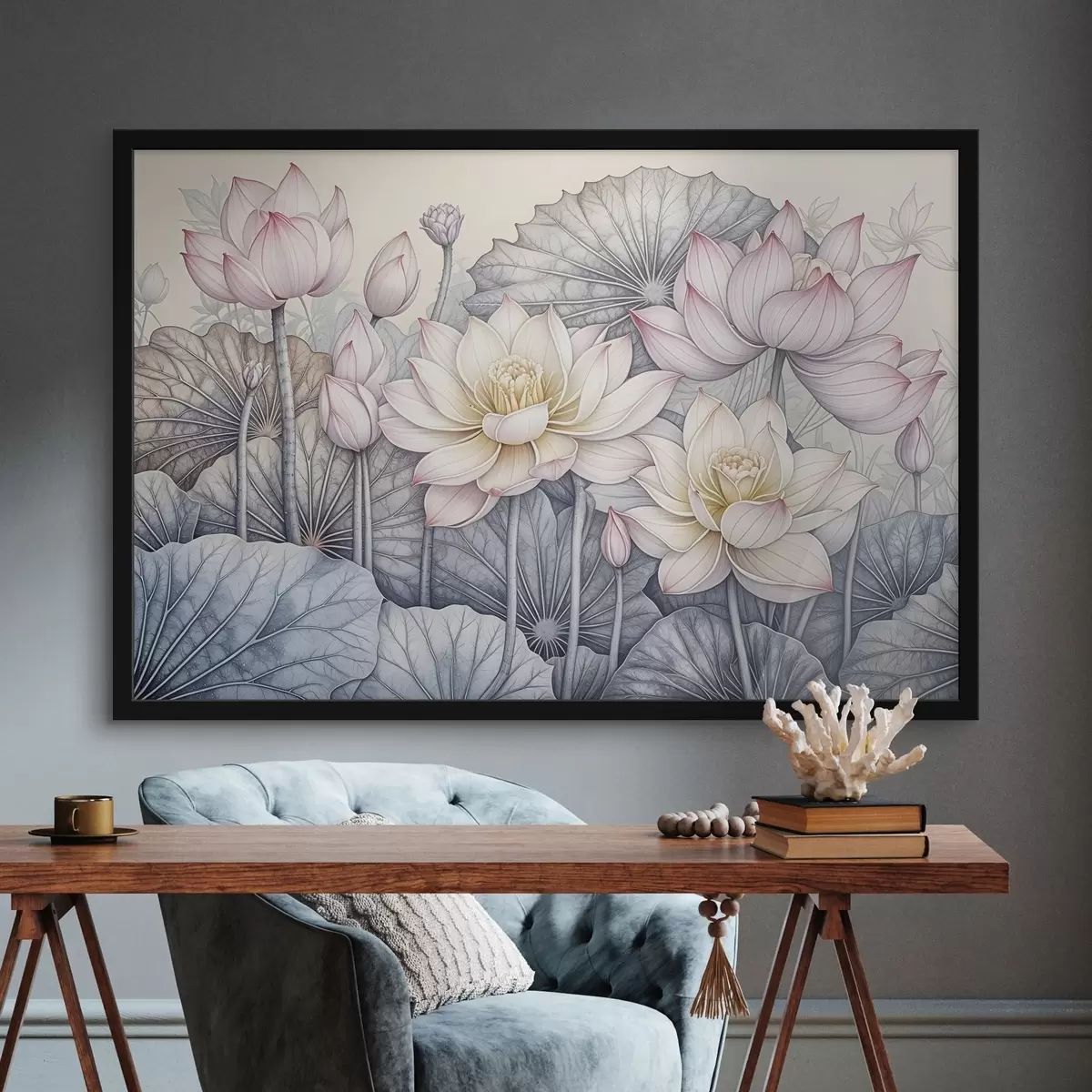 Plakat Suured roosa ja valged lootoslilled roheliste lehtede ja varrega heledal taustal, üksikasjalike kroonlehtede ja keskosaga f42221