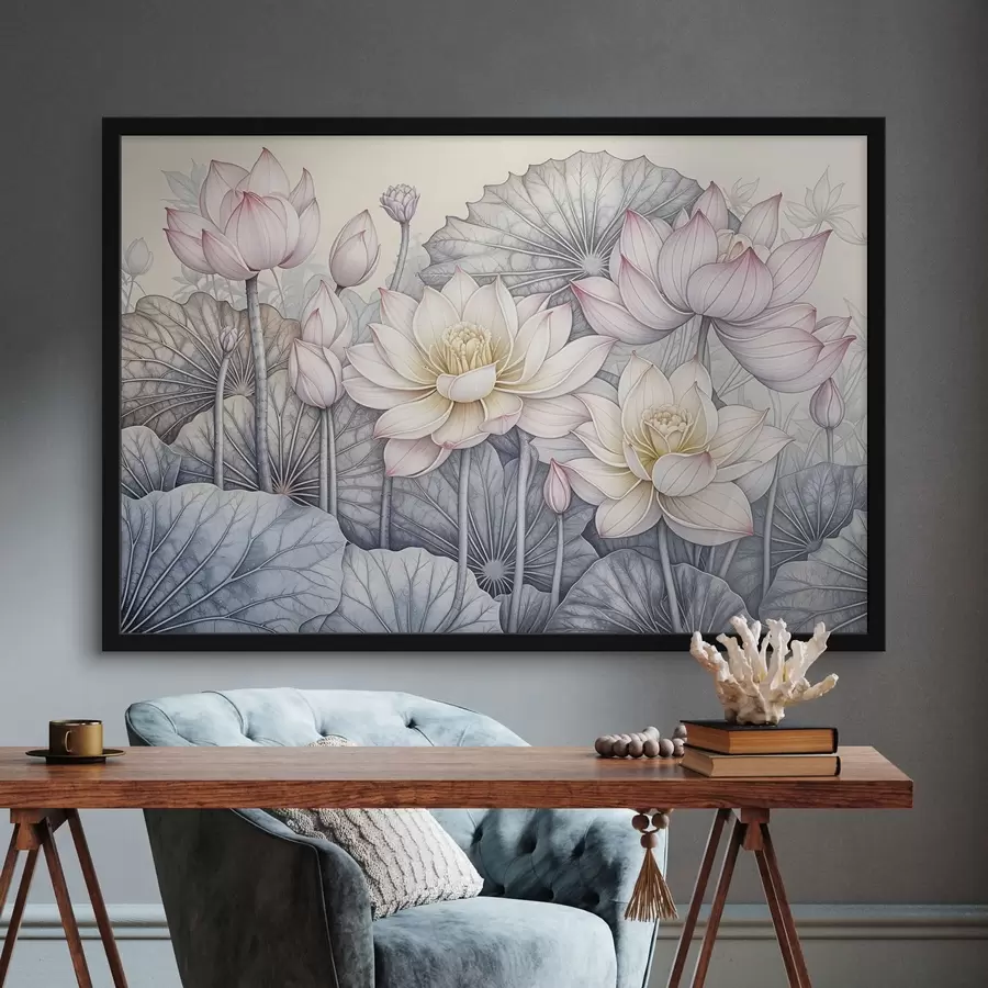 Fototapeedid Suured roosa ja valged lootoslilled roheliste lehtede ja varrega heledal taustal, üksikasjalike kroonlehtede ja keskosaga f42221