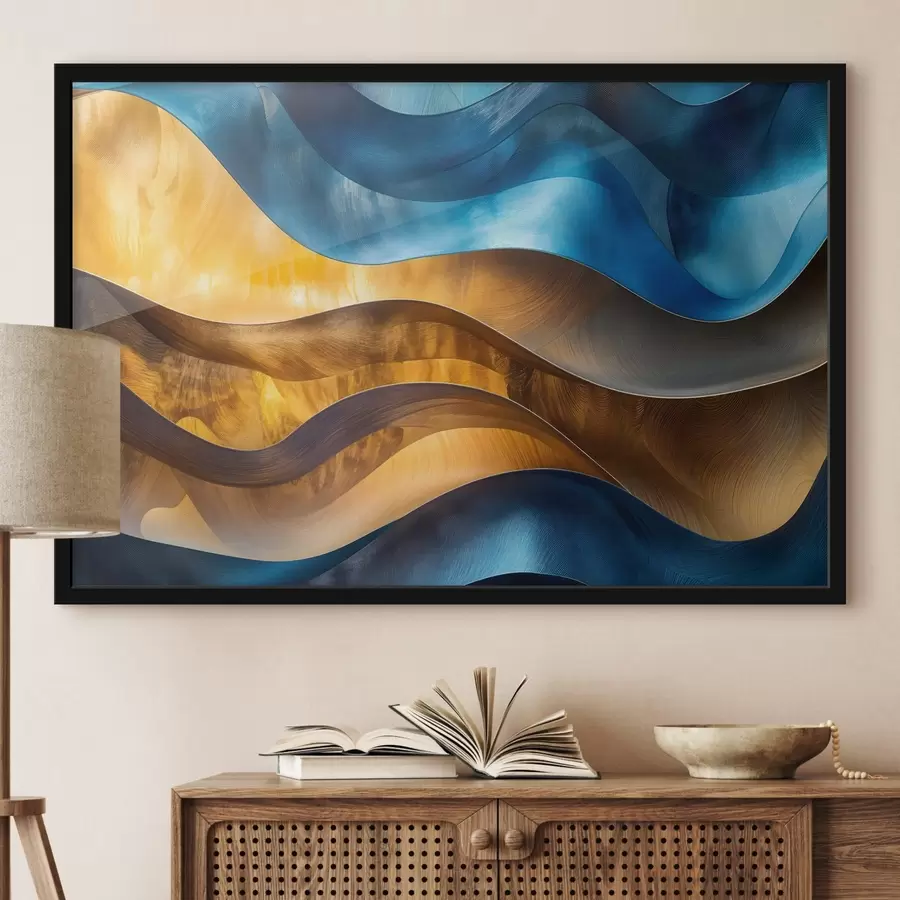 Fototapeedid Abstraktsed kaasaegse kunsti lainelised kujundid sinise, oranži ja pruuni toonides f42224