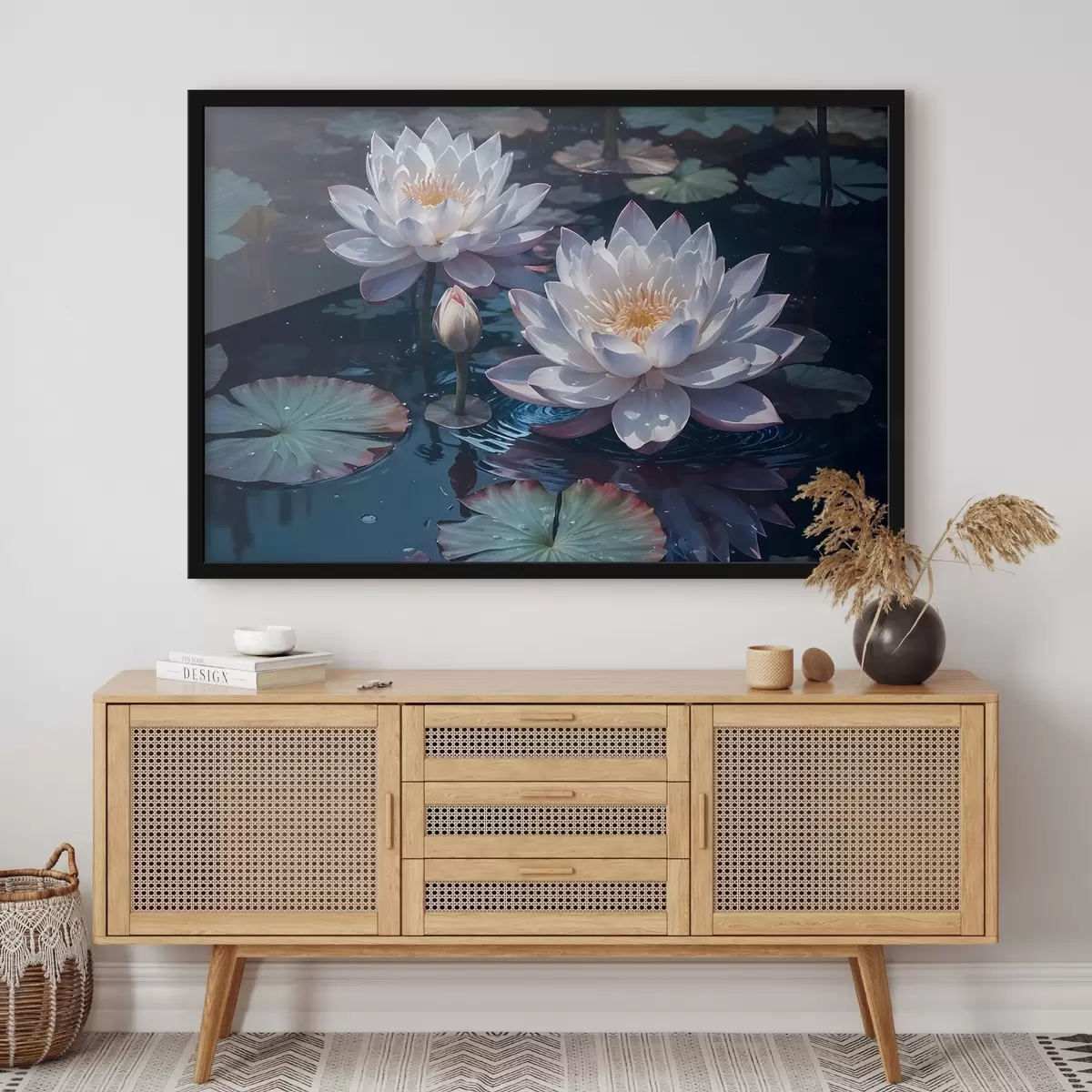 Plakat Valged lootoslilled hõljuvad rahulikul tiigil koos lillelilledega f42225