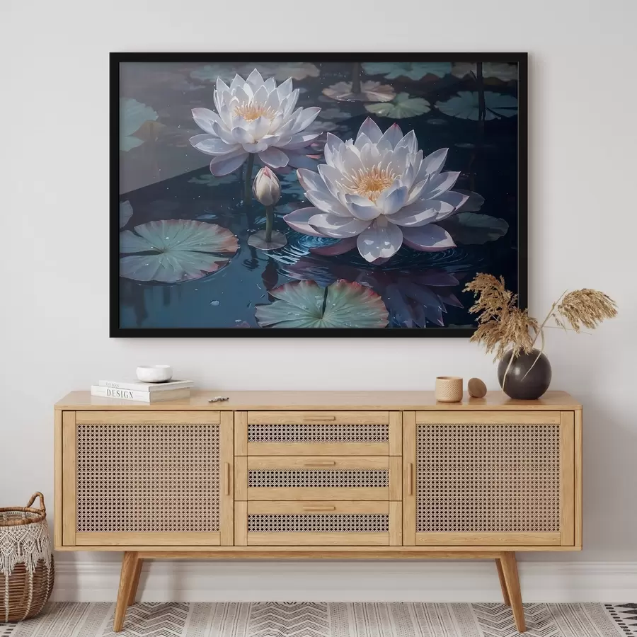 Fototapeedid Valged lootoslilled hõljuvad rahulikul tiigil koos lillelilledega f42225