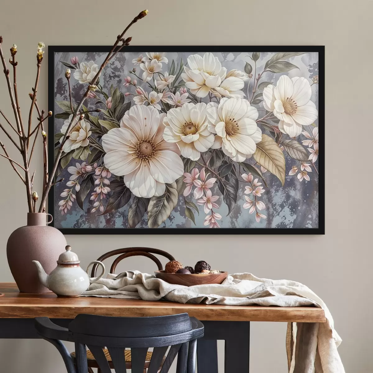 Plakat Elavat värvi kimp suurte üksikasjalike valgete ja roosade daaliaõitega roheliste lehtedega tumedal taustal f42227