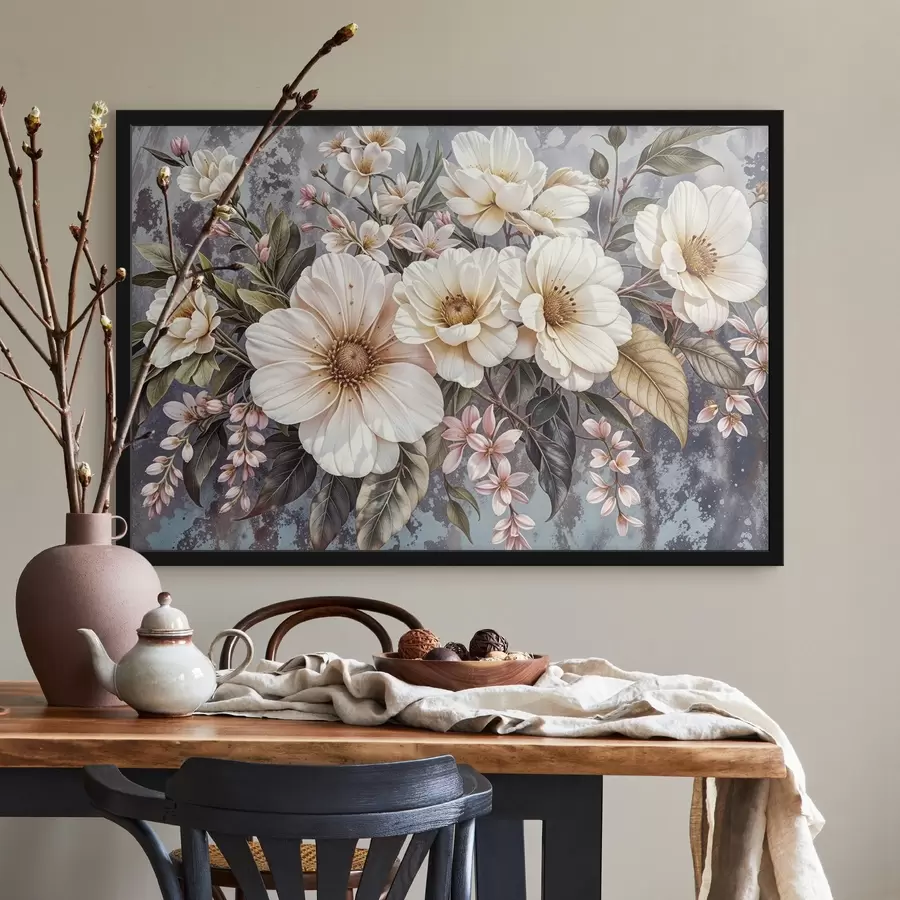 Fototapeedid Elavat värvi kimp suurte üksikasjalike valgete ja roosade daaliaõitega roheliste lehtedega tumedal taustal f42227