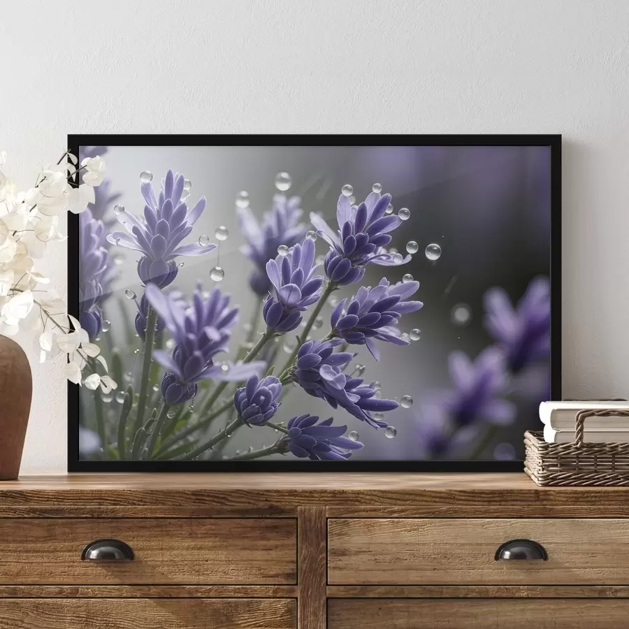 Pilt Lillad lavendlililled, mille kroonlehtedel on veetilgad, ähmase taustaga f42229