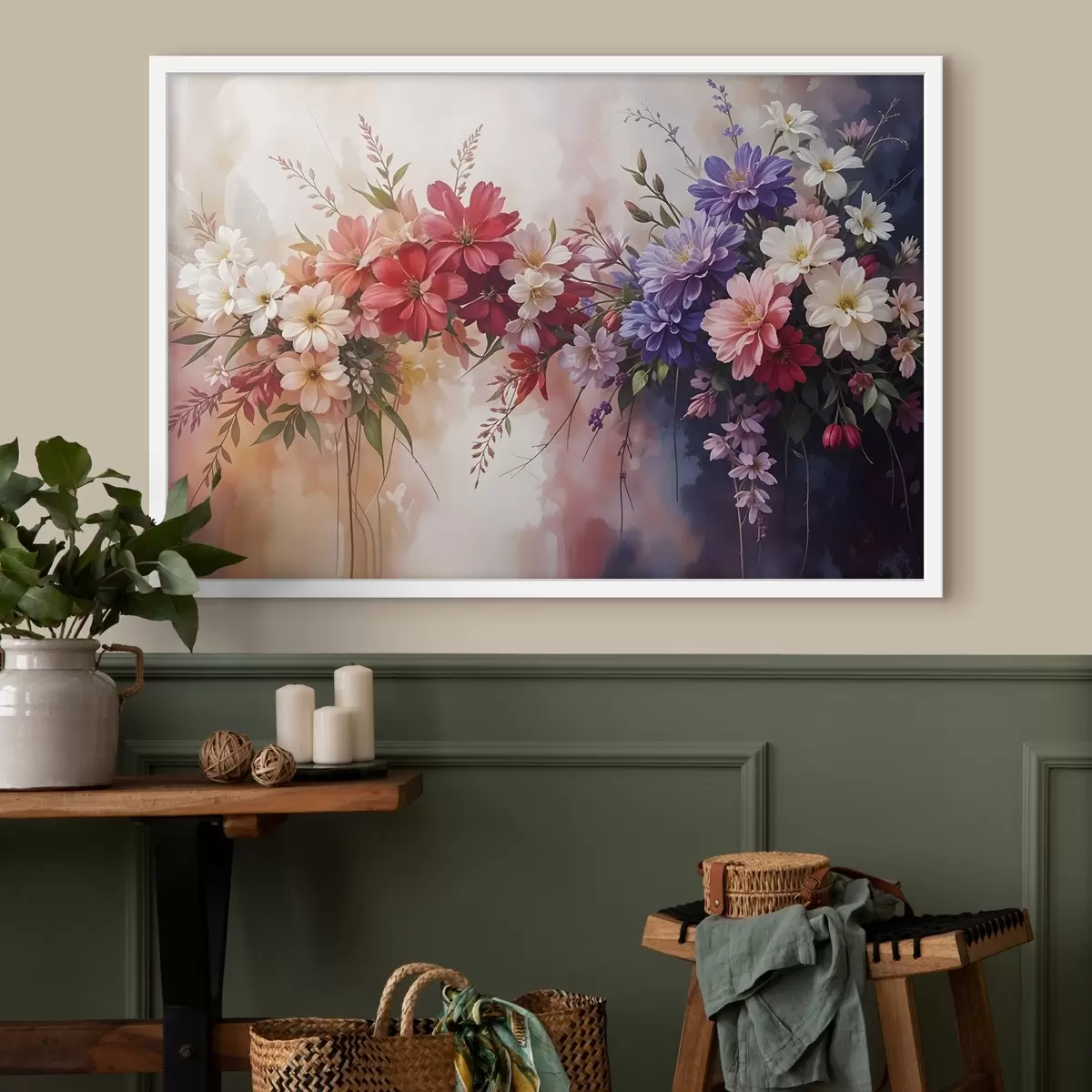 Plakat Värvilised lilled, sealhulgas punased, roosad ja lillad daaliad, päevaküünlad ja muud õied pehmel, hägustatud taustal f42234