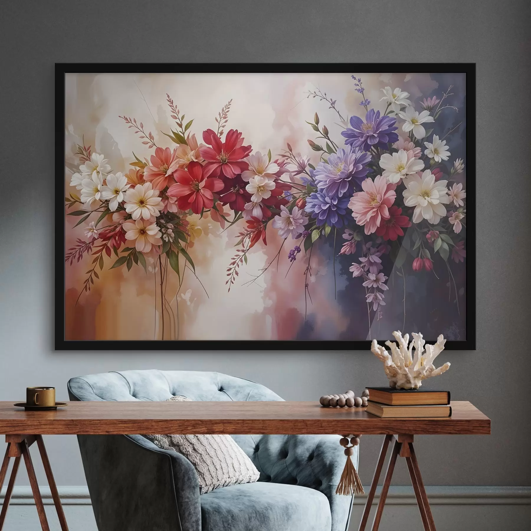 Fototapeedid Värvilised lilled, sealhulgas punased, roosad ja lillad daaliad, päevaküünlad ja muud õied pehmel, hägustatud taustal f42234