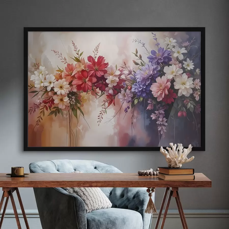 Fototapeedid Värvilised lilled, sealhulgas punased, roosad ja lillad daaliad, päevaküünlad ja muud õied pehmel, hägustatud taustal f42234