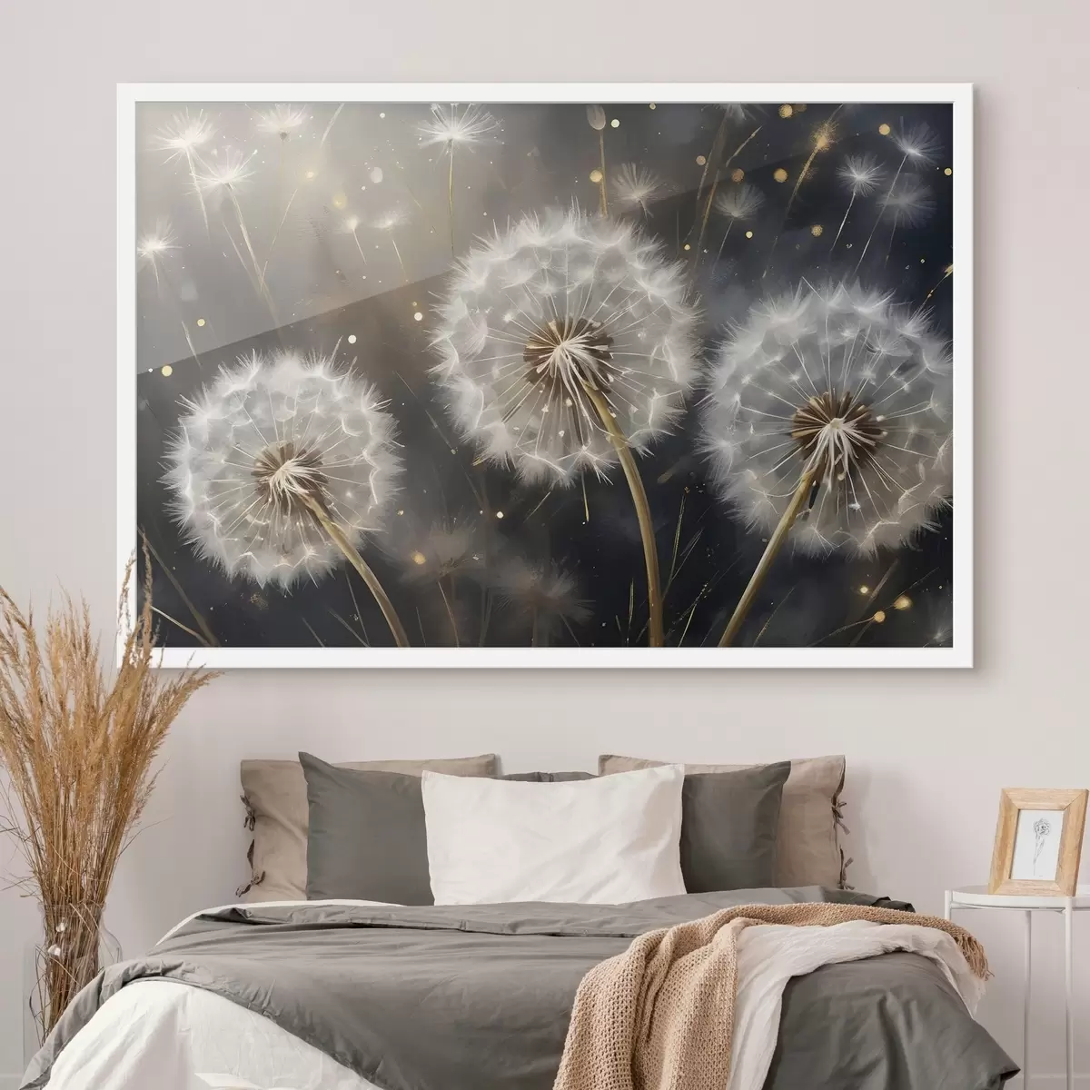 Plakat Võililleõied oma kohevate valgete seemnepeadega tumedal taustal, mis loovad maagilise atmosfääri f42235