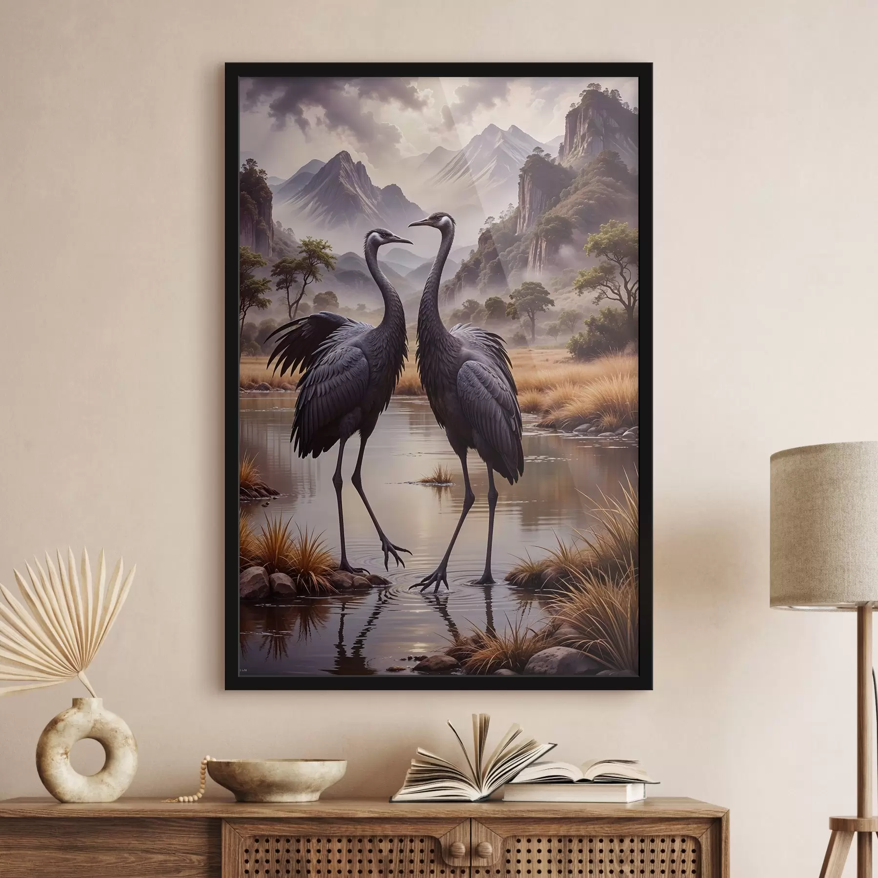 Fototapeedid Kaks suurt musta kurge seisavad madalas tiigis, taustaks mägine maastik f42240