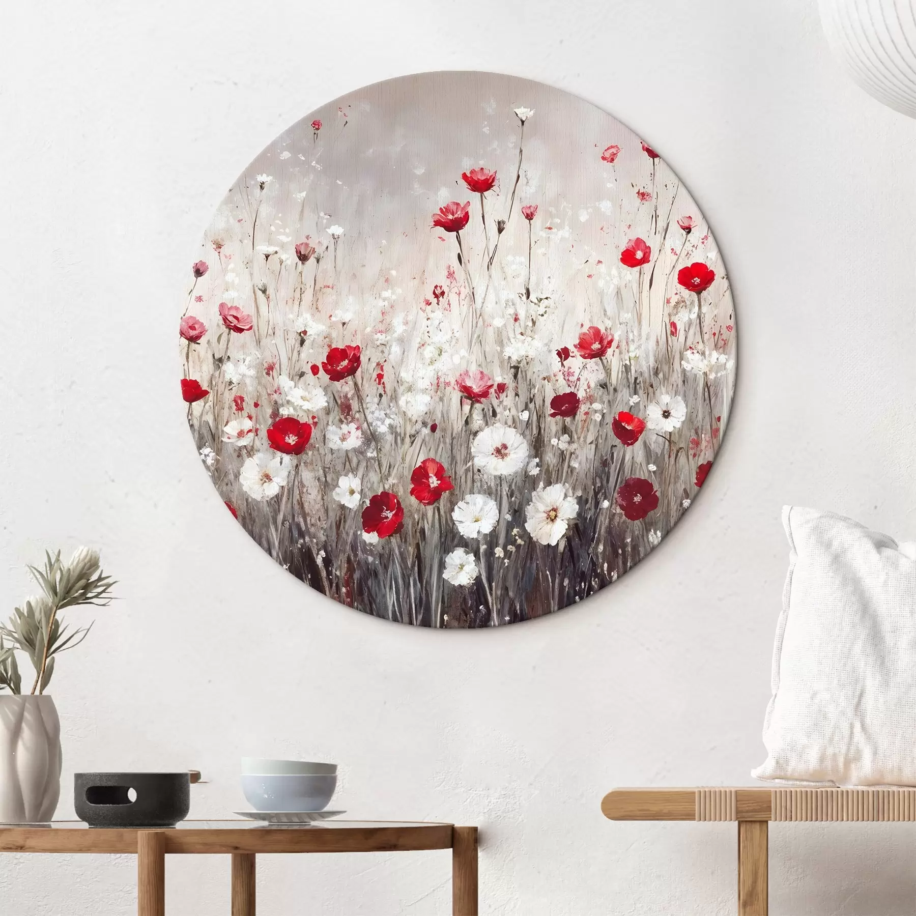 Pilt Abstraktne imitatsioon õlimaalide punaste ja valgete moonide ja päevakeste lillede väljale halli tekstuuritaustaga taustal r42213