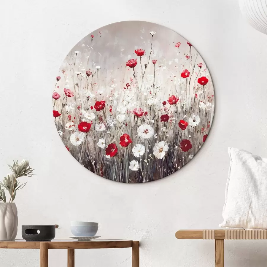 Pilt Abstraktne imitatsioon õlimaalide punaste ja valgete moonide ja päevakeste lillede väljale halli tekstuuritaustaga taustal r42213