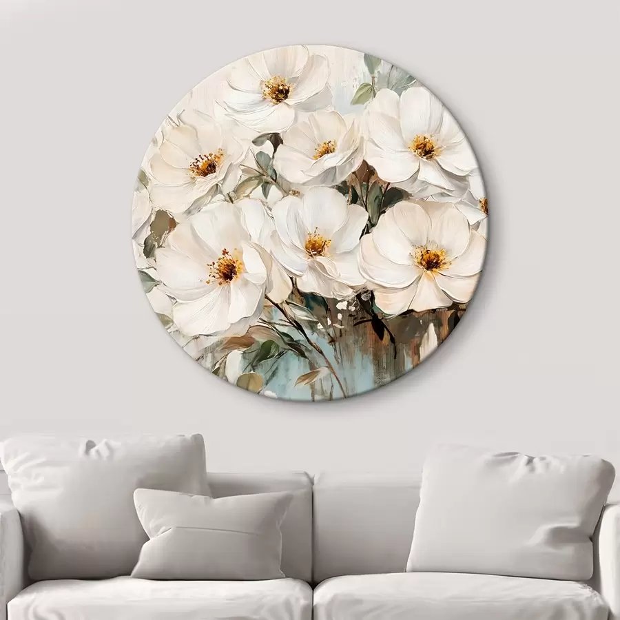 Fototapeedid Suurte valgete lillede kimp õlimaalide stiilis kollase keskusega heledal taustal r42222