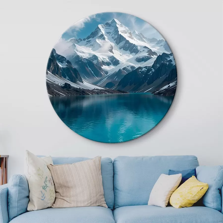 Fototapeedid Lumekattega mäetipus, mis peegeldub rahulikus türkiissinises järves, mida ümbritsevad kaljune maastik ja dramaatilised pilved r42232