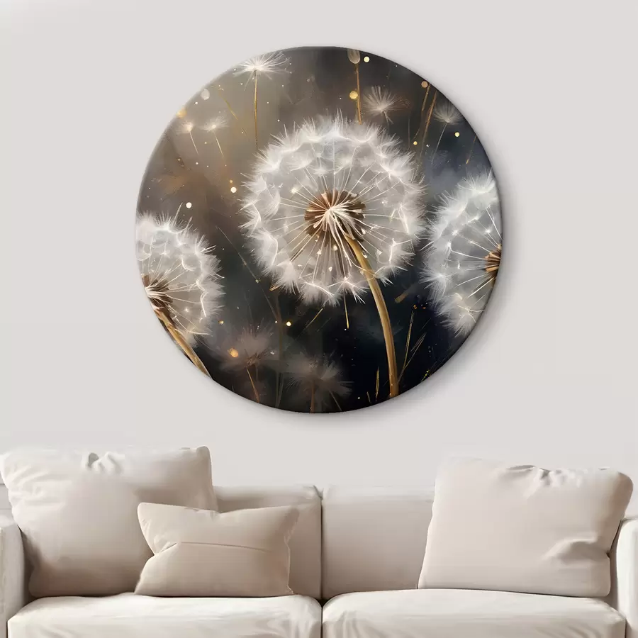 Fototapeedid Võililleõied oma kohevate valgete seemnepeadega tumedal taustal, mis loovad maagilise atmosfääri r42235