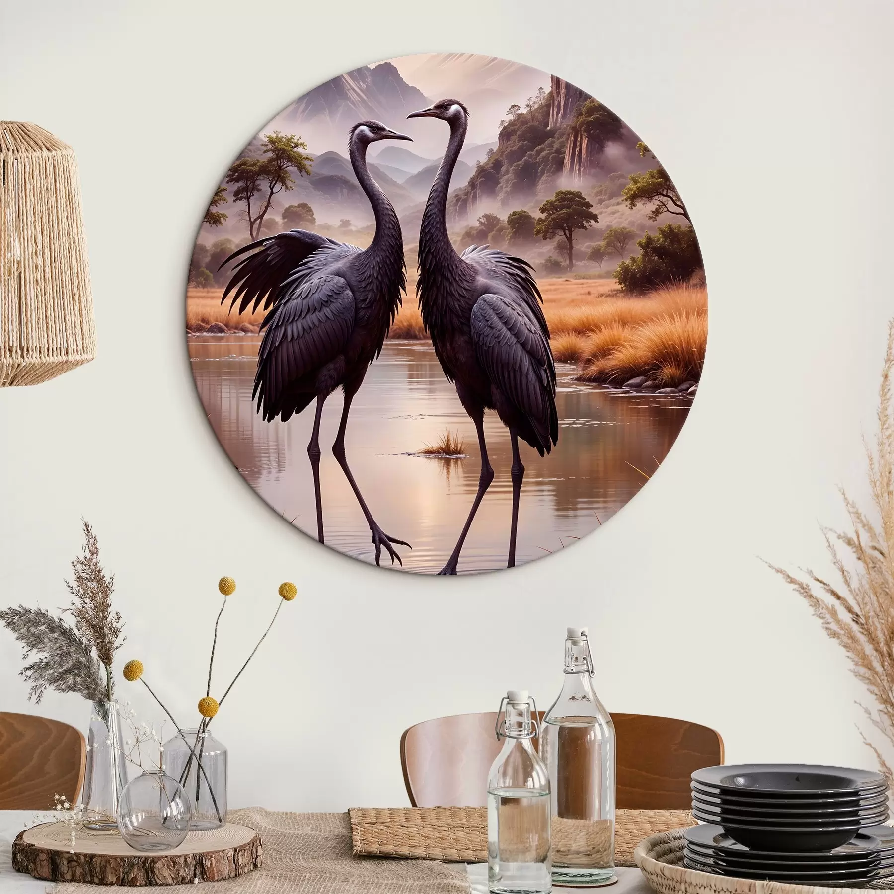 Pilt Kaks suurt musta kurge seisavad madalas tiigis, taustaks mägine maastik r42240