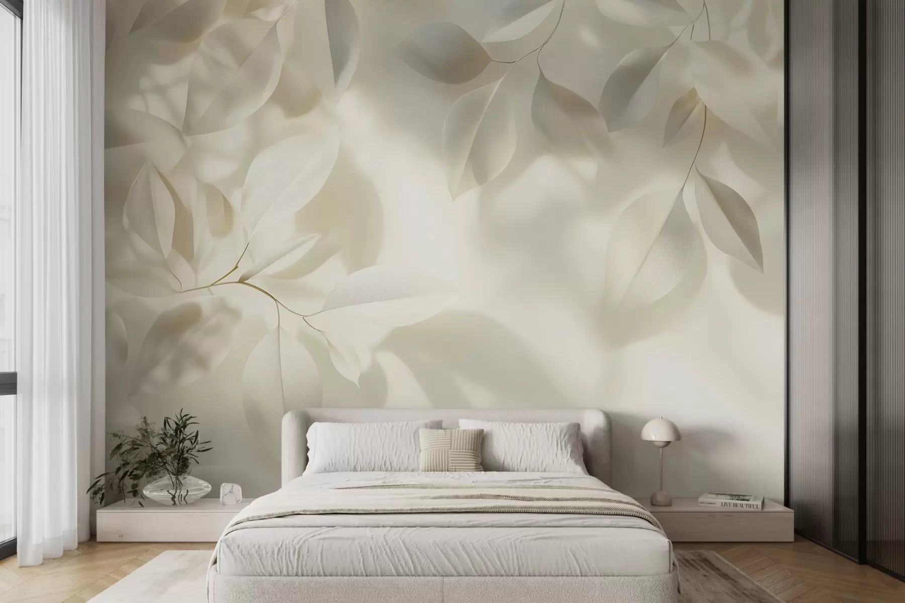 Fototapeedid Valged oksad koos lehtedega ripuvad vastu seina päikesevalguse käes w08552