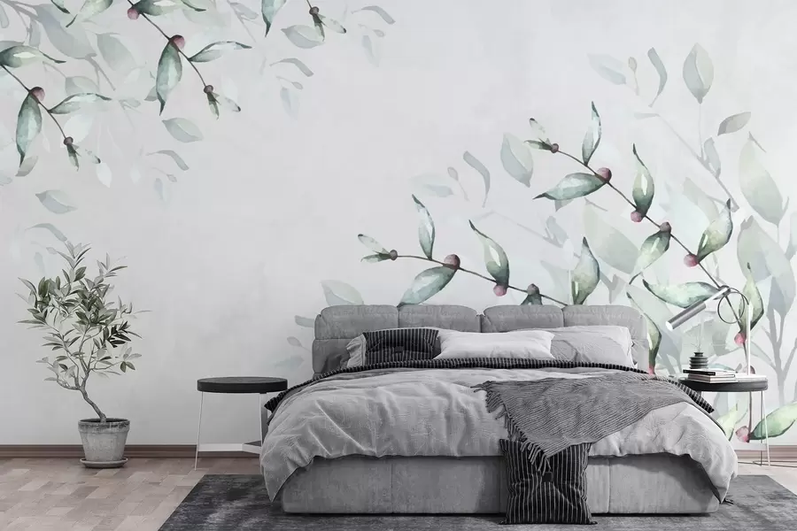 Fototapeedid roheliste lehtedega oksad hallil taustal w02660