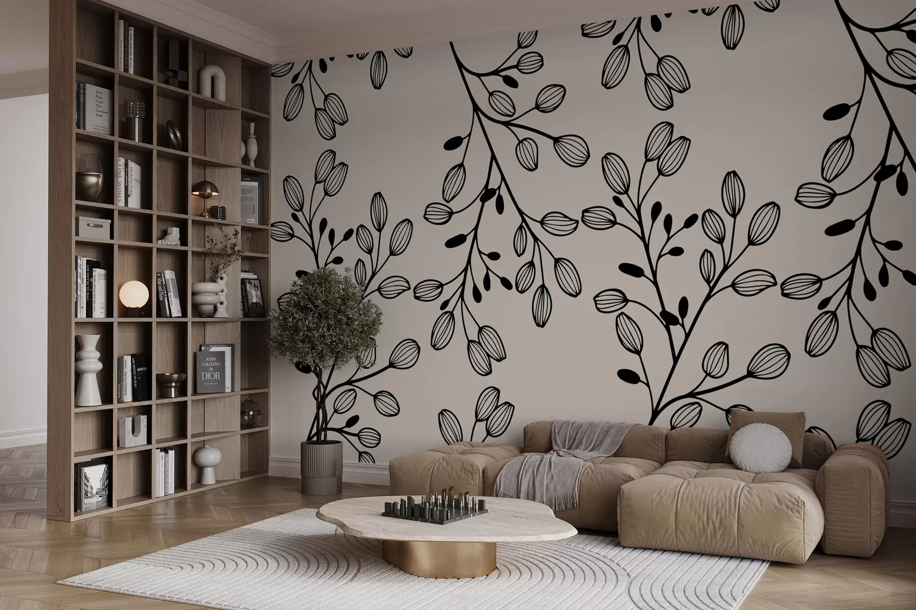 Fototapeedid maalitud oksad beežil taustal w02665