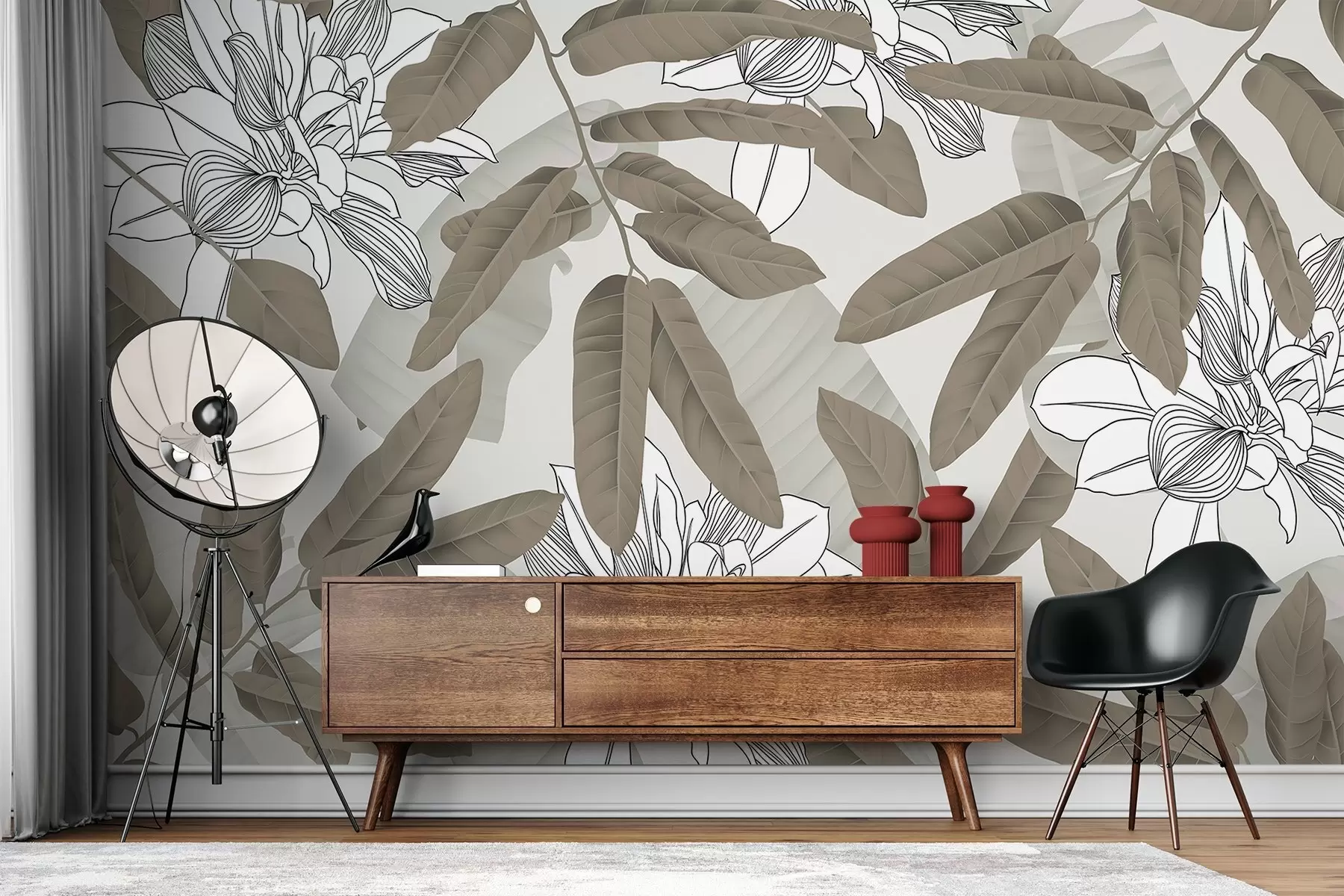 Fototapeedid pruunid lehed ja valged värvitud lilled w02669