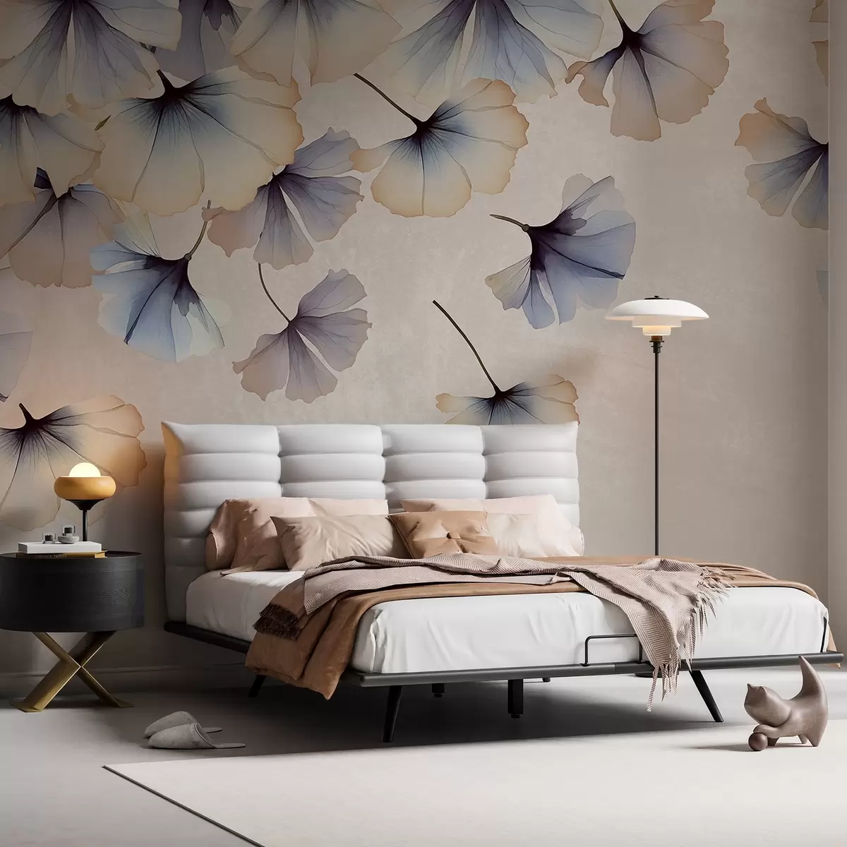 Fototapeedid Pastelsinise ja beeži värvi ginkgo lehed, mille õrnad kroonlehed hõljuvad õhus tekstuurilisel taustal w08578