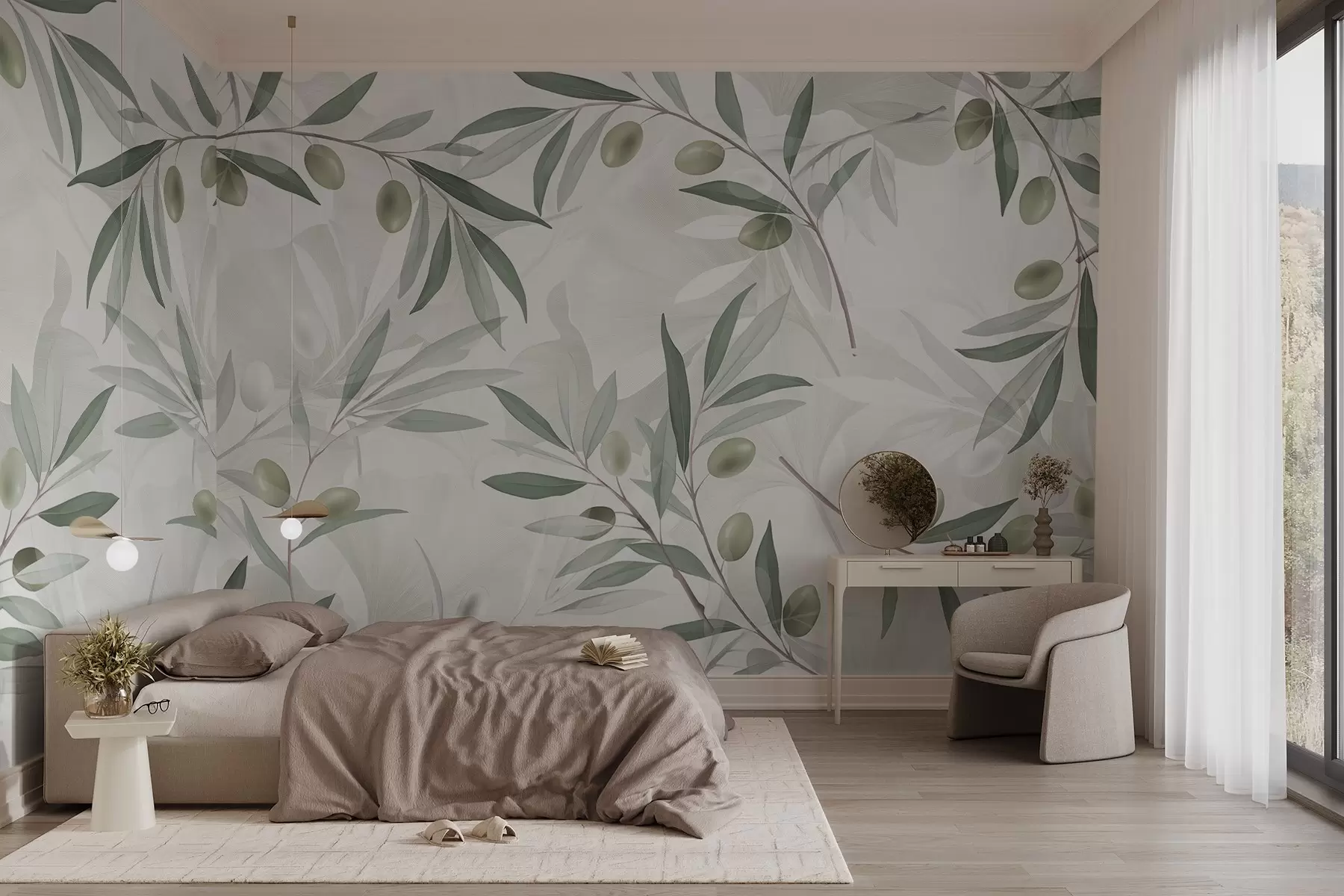 Fototapeedid Oliivipuu oksad koos roheliste lehtede ja oliividega heledal taustal w08576